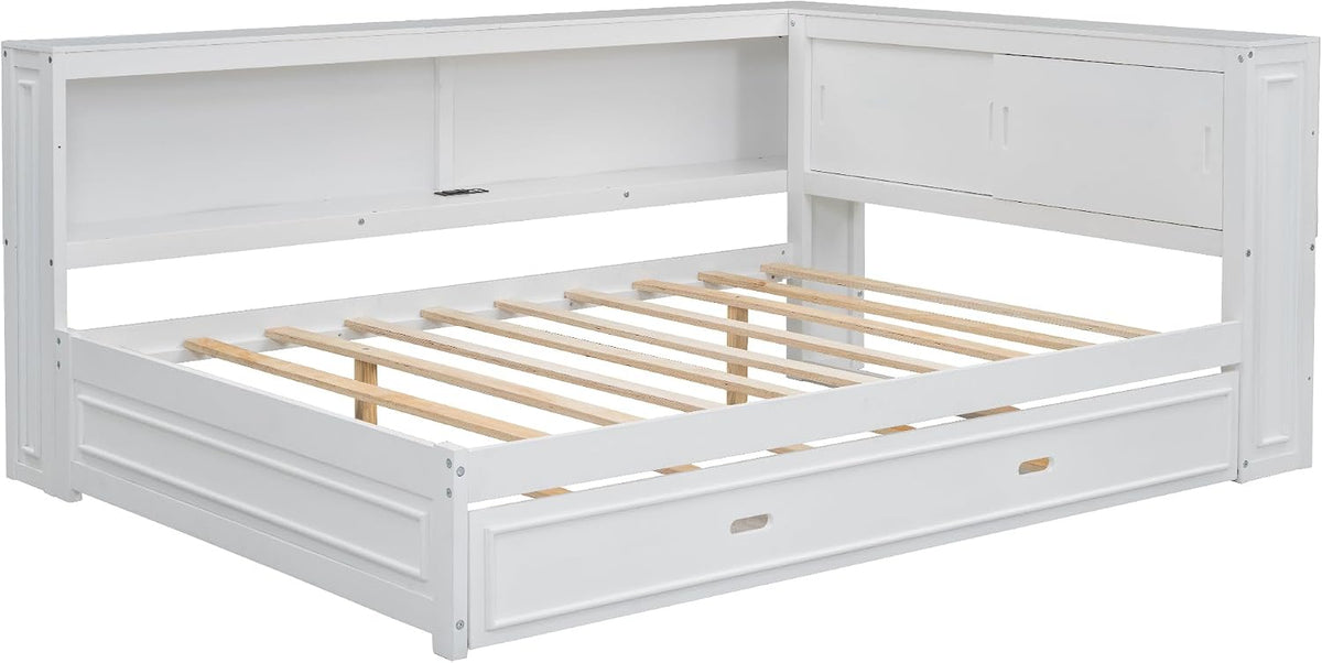 SOFTSEA Full Size Daybed with Trundle and Storage, L-Shaped Corner Bed with Bookcase, LED Lights & USB Ports, Wood Day Bed Frame with Reversible Headboard for Kids Teens Adults, White