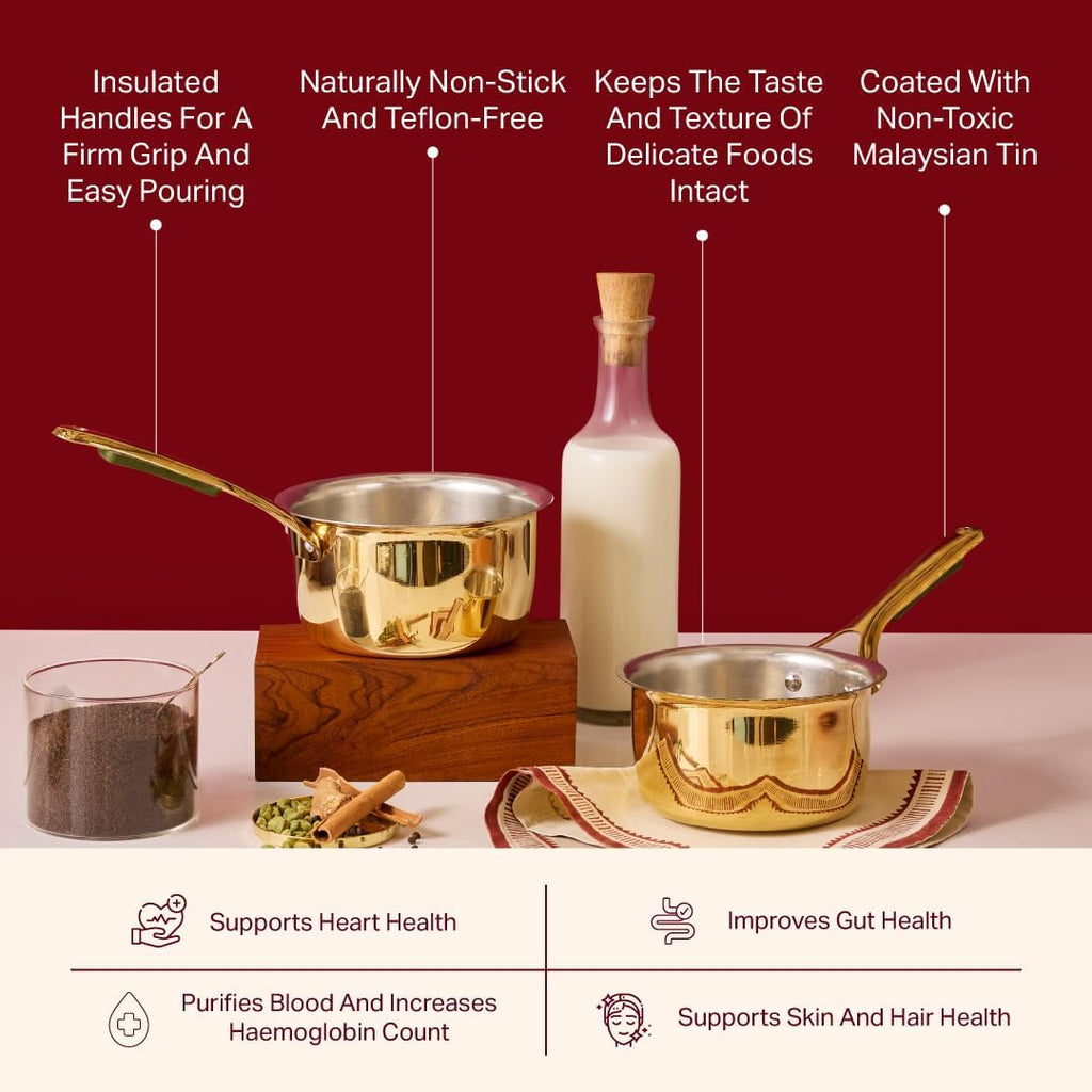 P•TAL Brass Saucepan 1.2 Qts with Insulated Heat-Resistant Handle | Tin Coated, Chemical-Free and Non-Stick Tea Pan (Free 30ml Copper & Brass Cleaning Solution)