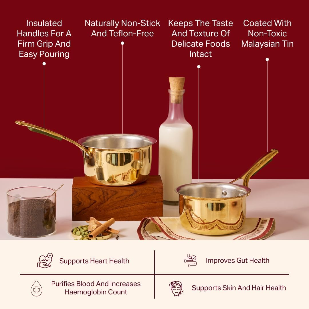P•TAL Brass Saucepan 1.9 Qts with Insulated Heat-Resistant Handle | Tin Coated, Chemical-Free and Non-Stick Tea Pan (Free 30ml Copper & Brass Cleaning Solution)