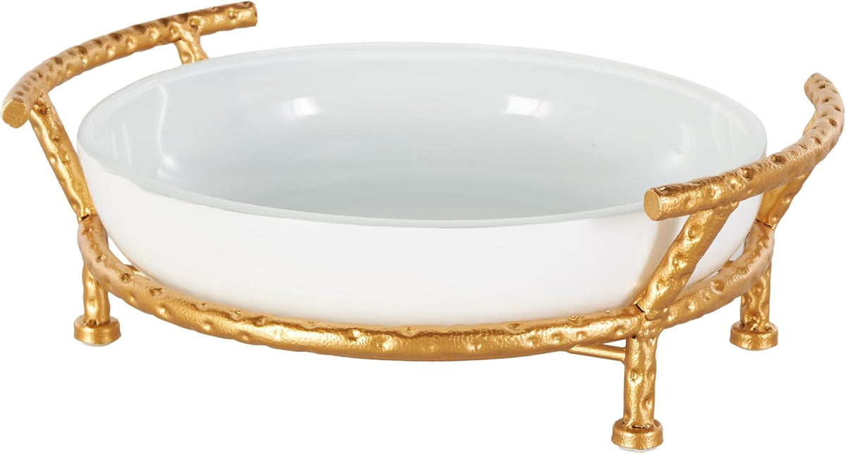 Deco 79 Tempered Glass Kitchen Serving Bowl with Gold Metal Stand, 15' x 12' x 5', White