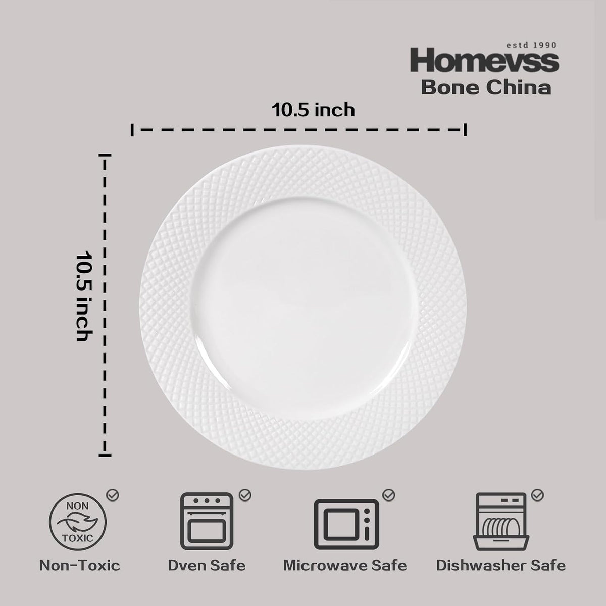 HomeVss, New Bone China Dinnerware Set, Embossed Diamond Design, 48pc Set