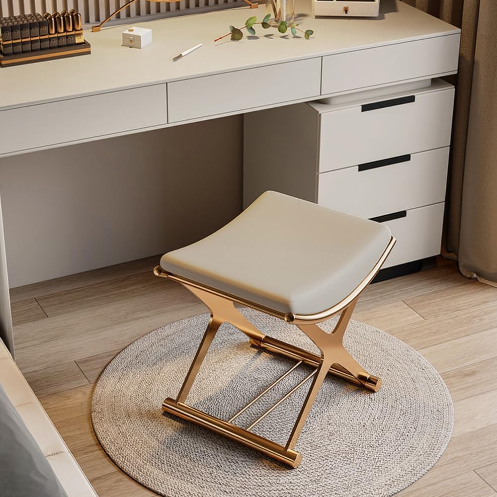 Small Vanity Stool with Cushion, Backless PU Leather Stool for Makeup, Entryway Bench for Ergonomic Curve, Modern Shoe Bench for Piano Room, Entryway and Makeup Room(Gold)