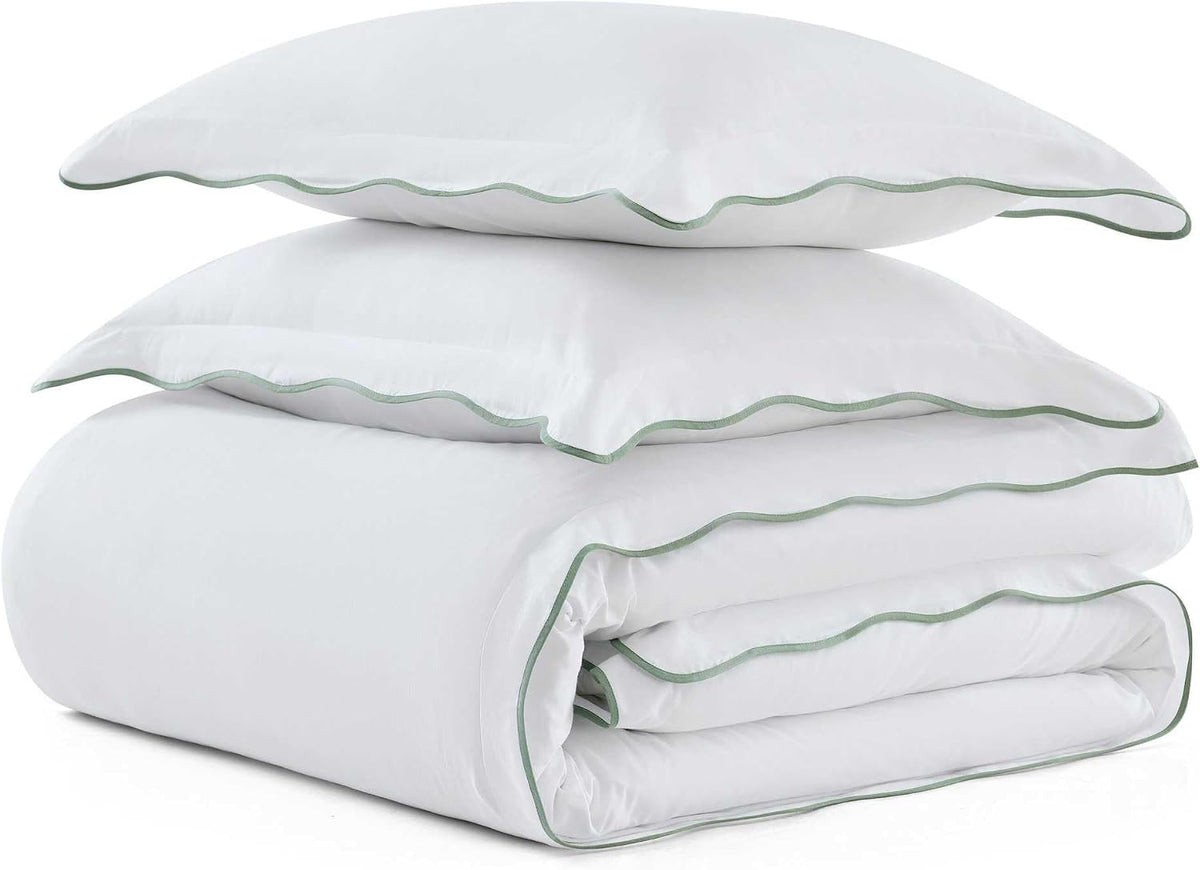 Martha Stewart - Queen Duvet Cover Set, 100% Soft Cotton Bed Set with a Smooth Cotton Percale Reverse, 3 Piece Bedding with Matching Pillowcases (Simple Scallop Green)