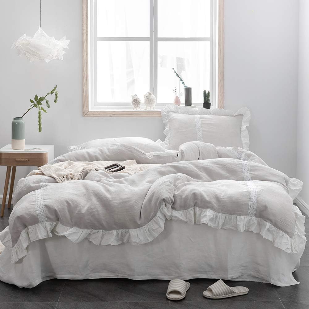 Simple&Opulence 100% Linen Duvet Cover Set (88'x92') Floral Flax Queen Size, Shabby Chic Ruffle Edge Lace Insert Decoration, 3 Pcs Farmhouse Bedding-1 Comforter Cover 1 Pillow Shams, Floral Grey