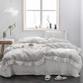 Simple&Opulence 100% Linen Duvet Cover Set (88'x92') Floral Flax Queen Size, Shabby Chic Ruffle Edge Lace Insert Decoration, 3 Pcs Farmhouse Bedding-1 Comforter Cover 1 Pillow Shams, Floral Grey