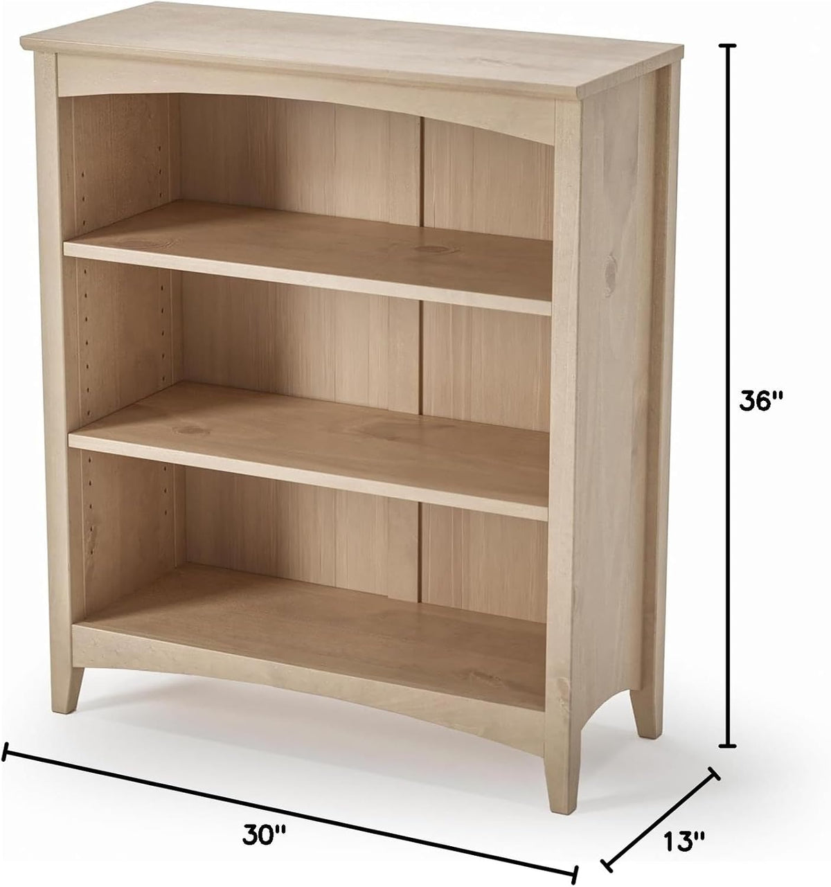 Camaflexi Shaker Style 3 Shelf Bookcase/Solid Wood / 36' High/Adjustable Shelving/Closed Back/Display Bookshelf for Living Room, Bedroom, Home and Office, Light Oak