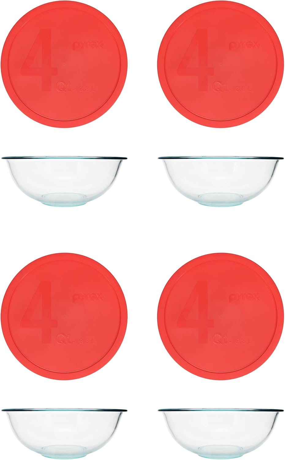 Pyrex (4 326 4qt Tempered Glass Mixing Bowls with (4) 326-PC 4qt Red Plastic Lids - Made in USA