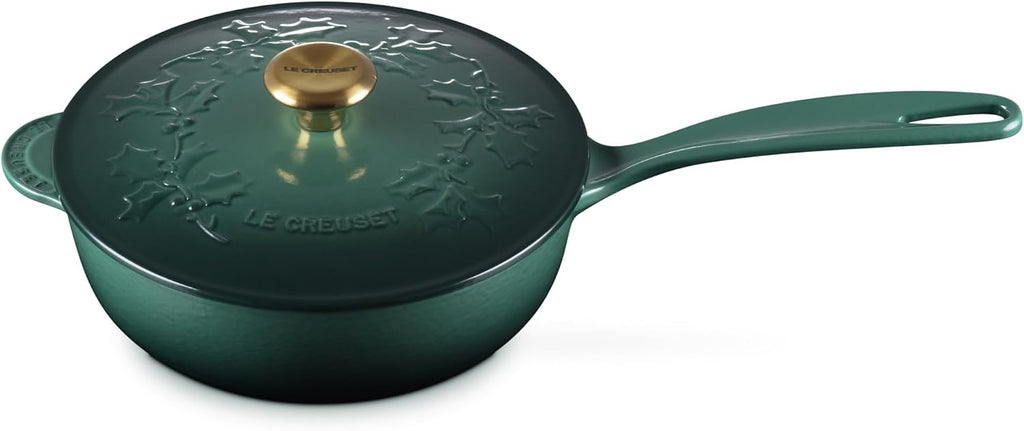 Le Creuset Enameled Cast Iron Holly Collection Saucier, 2.25 qt., Artichaut with Gold Knob