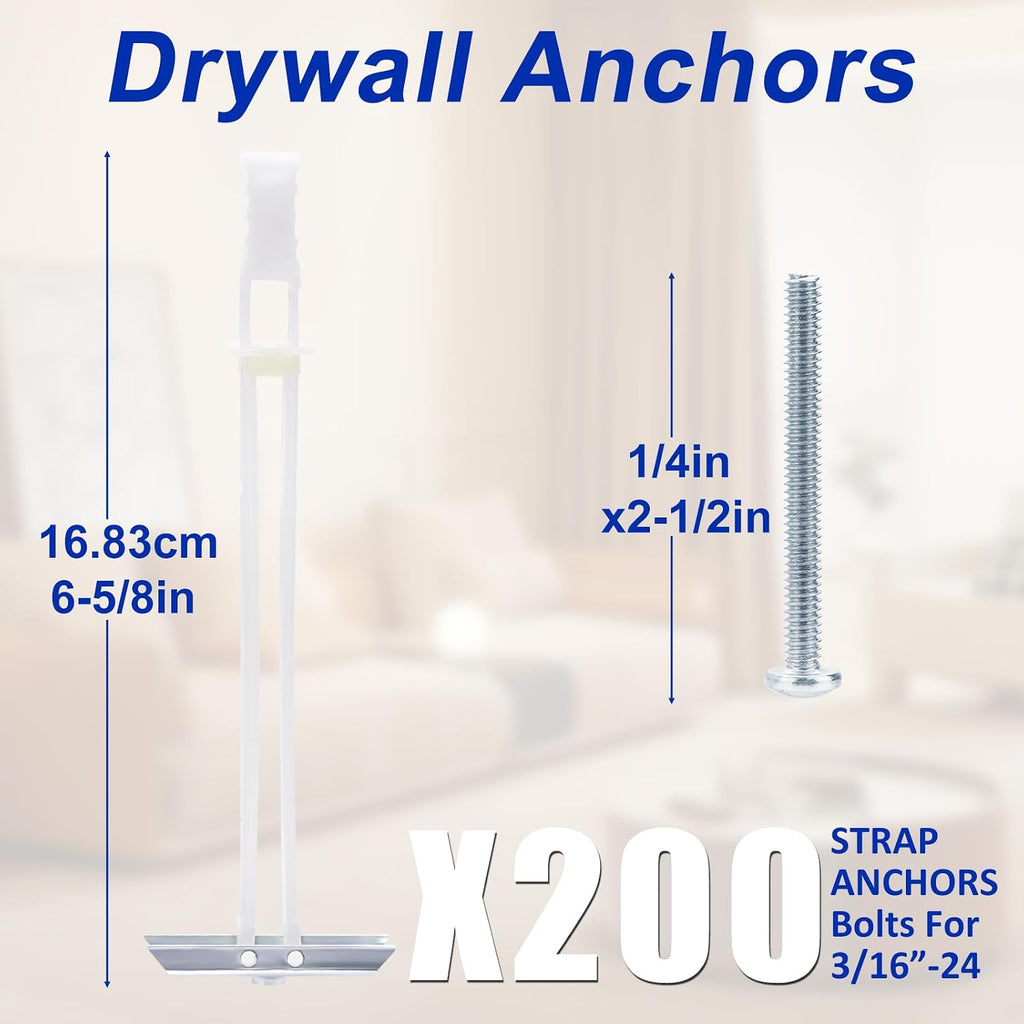 Heavy Duty Drywall Anchor Bolts with 1/4'-20 Fastener Suitable for TV Mounting Hollow Wall Anchor Bolt Screw Kit Supports Up to 270 lbs Each on 1/2 Inch Drywall Pack of 200