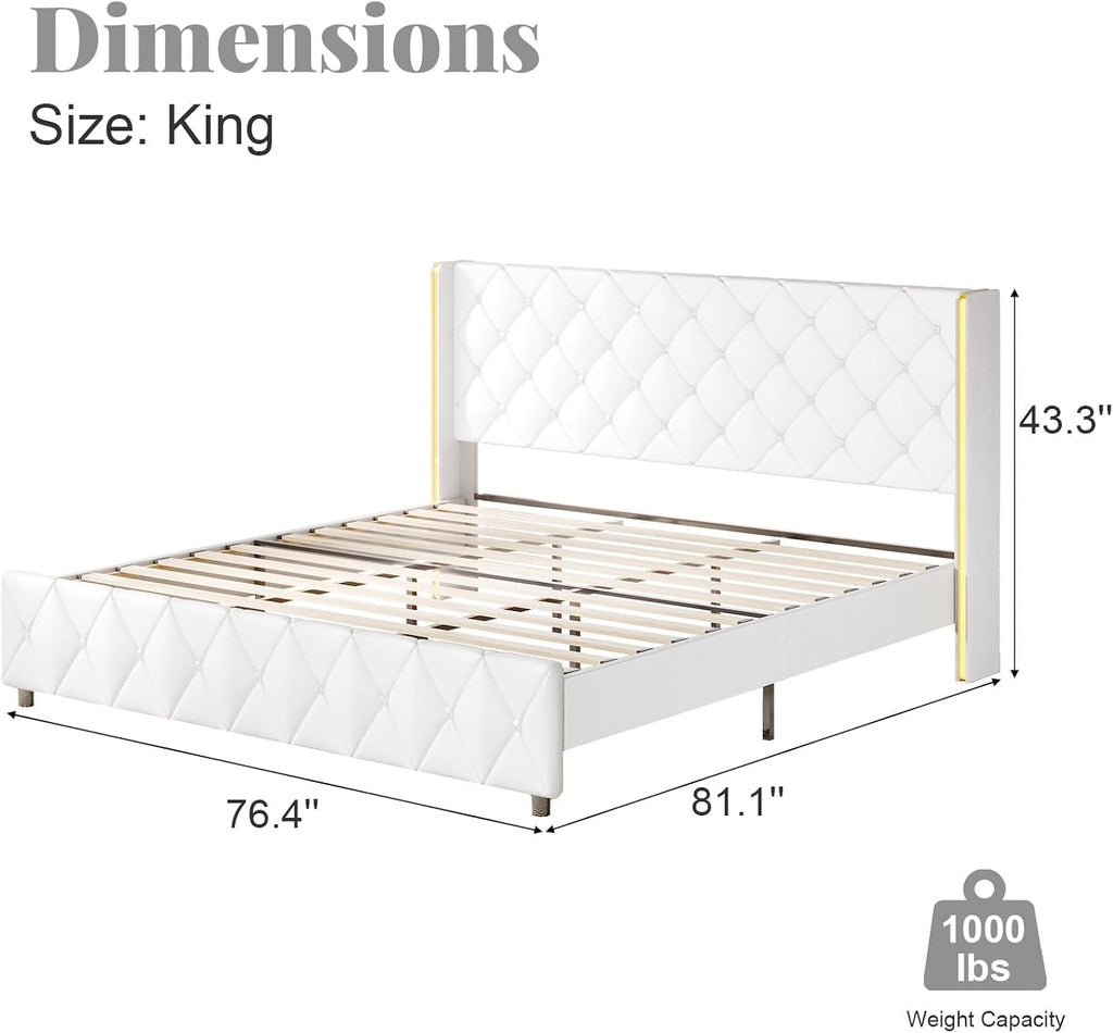 King Size Bed Frame with Headboard, Pu Leather Upholstered Bed Frame King with Diamond Tufted Wingback Headboard, 1000lbs Heavy Duty Support, Gold Metal Edge Accents, No Box Spring Needed, White