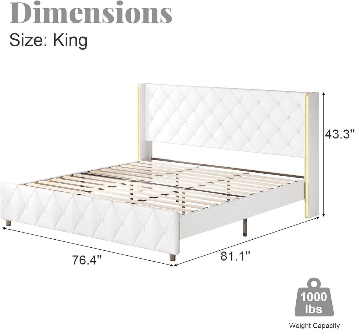 King Size Bed Frame with Headboard, Pu Leather Upholstered Bed Frame King with Diamond Tufted Wingback Headboard, 1000lbs Heavy Duty Support, Gold Metal Edge Accents, No Box Spring Needed, White