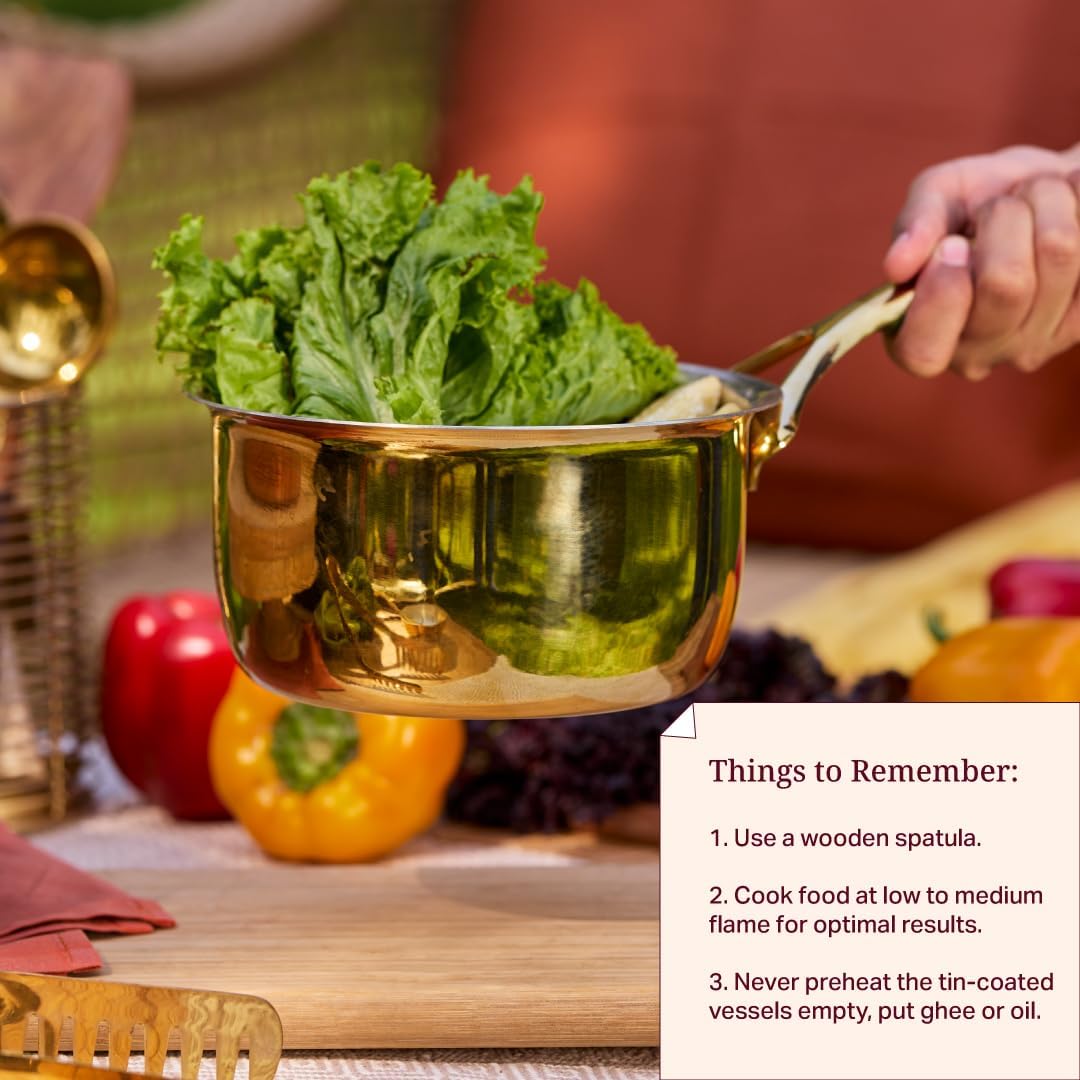 P•TAL Brass Saucepan 1.2 Qts with Insulated Heat-Resistant Handle | Tin Coated, Chemical-Free and Non-Stick Tea Pan (Free 30ml Copper & Brass Cleaning Solution)