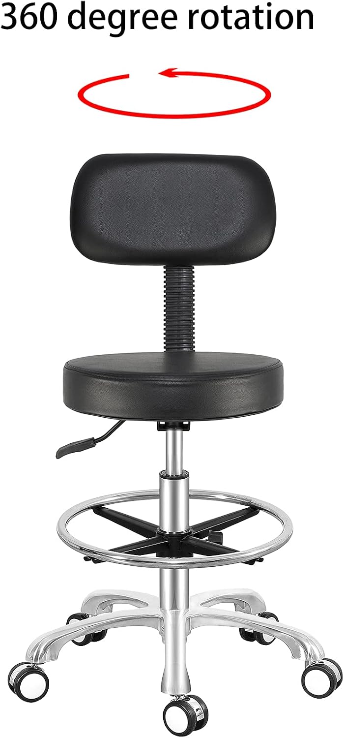 Antlu Rolling Adjustable Stool Drafting Chair for Office Shop Kitchen Medical Salon,Swivel Stool with Wheels and Back (Black, with Foot Ring)
