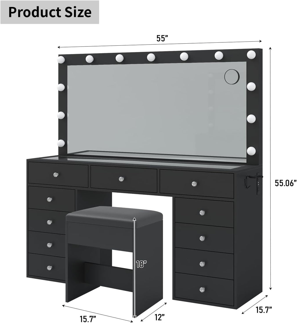 Yanosaku 11 Drawers Makeup Vanity with Charging Station, Vanity Desk with 13 LED Bulbs and HD Mirror, 3 Color Brightness Adjustable, Glass Top Vanity Set for Bedroom, Black