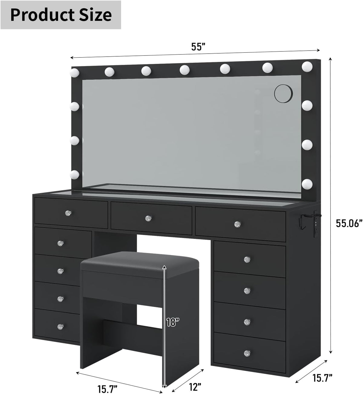 Yanosaku 11 Drawers Makeup Vanity with Charging Station, Vanity Desk with 13 LED Bulbs and HD Mirror, 3 Color Brightness Adjustable, Glass Top Vanity Set for Bedroom, Black