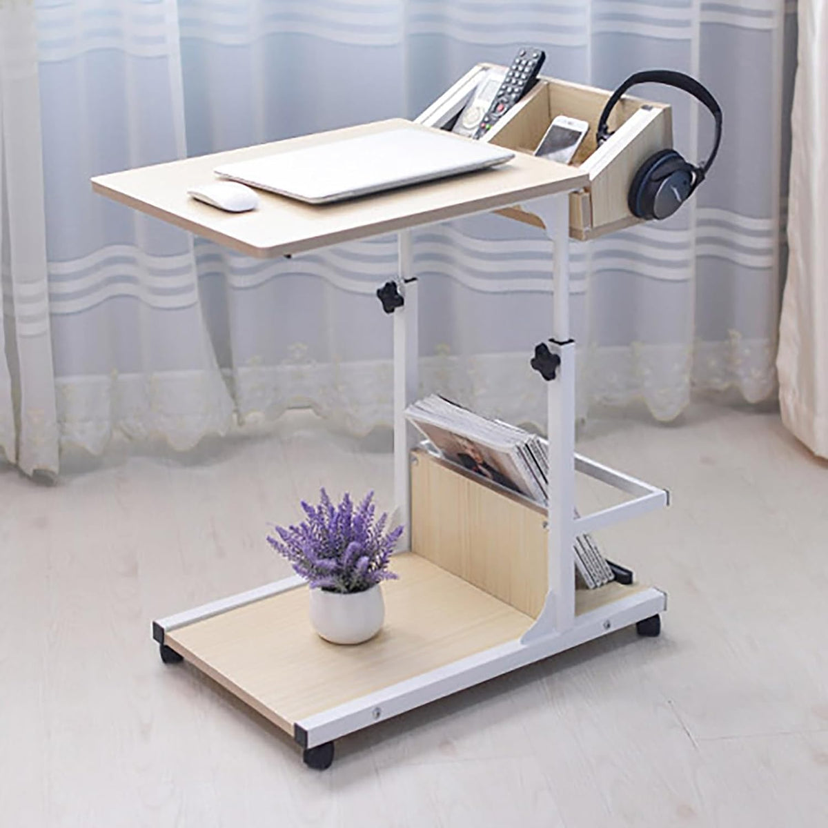 Height Adjustable Overbed Table with Wheels Mobile Computer Desk Makeup Vanity Desk with Storage, Mobile Laptop Standing Desk Cart(Brown)