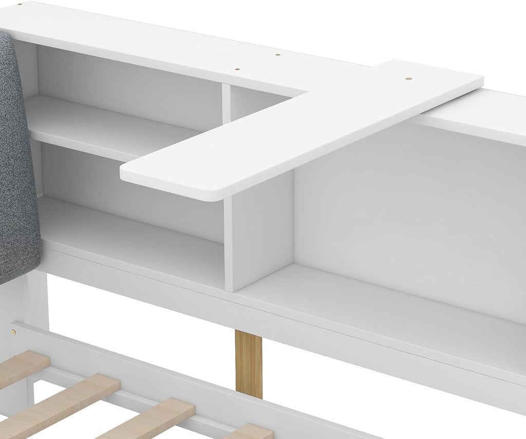 Merax Corner Twin Bed Frame, Wood Platform Bed with Storage Headboard, Twin Size Daybed with 2 Drawers and Rotatable Storage Board for Living Room,Bedroom,Guest Room,White