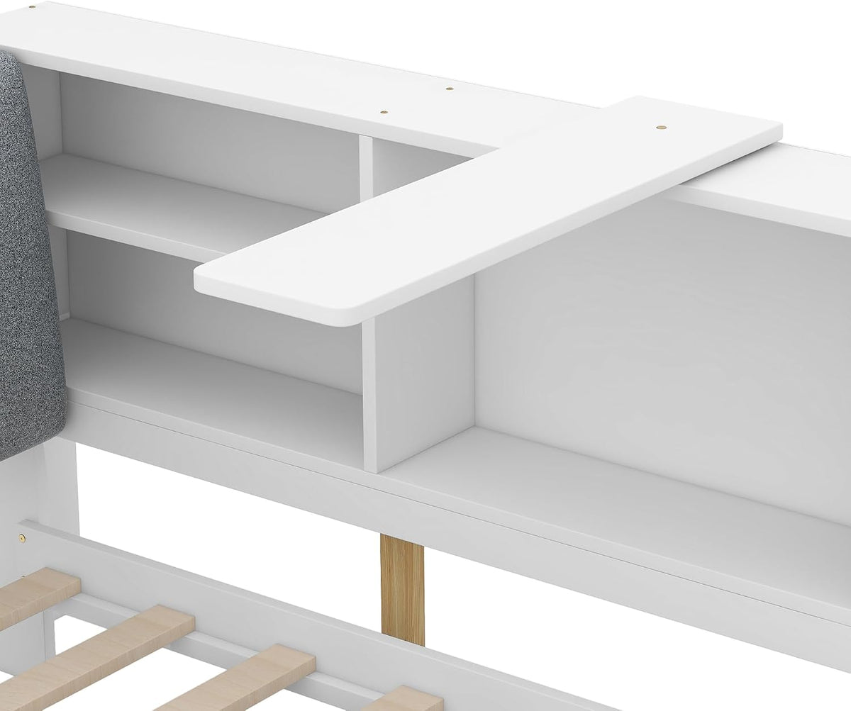 Merax Corner Twin Bed Frame, Wood Platform Bed with Storage Headboard, Twin Size Daybed with 2 Drawers and Rotatable Storage Board for Living Room,Bedroom,Guest Room,White
