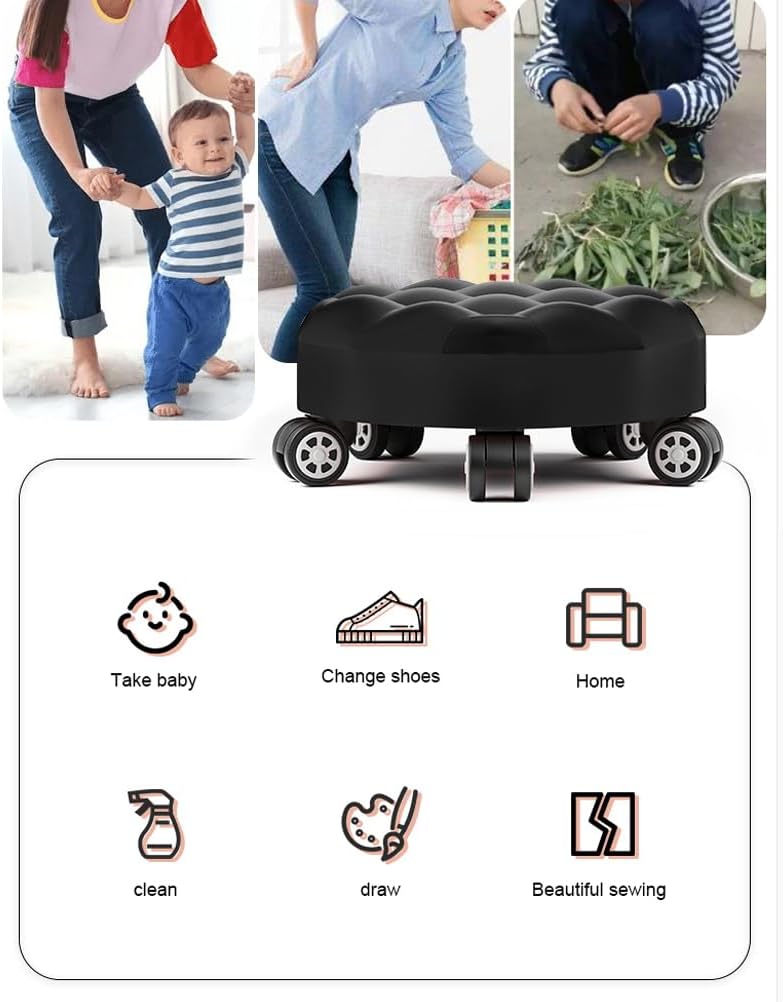 Heavy-Duty Low Roller Stool with 360° Swivel Wheels, Ottoman Footstool, Low-Height Short Rolling Stool Seat, PU Leather Small Mechanic Chair, Rolling Stools for Garage, Shop, Library Black