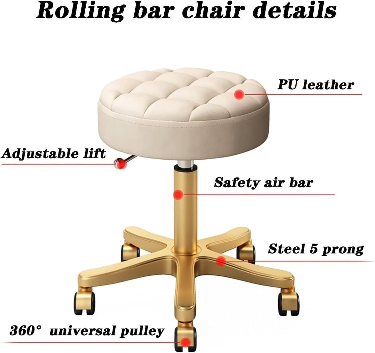 Bar Stool Rolling with Swivel Wheels Height Adjustable 4764cm Beige PU Seat Stainless Steel 5 Claws Office Study Beauty