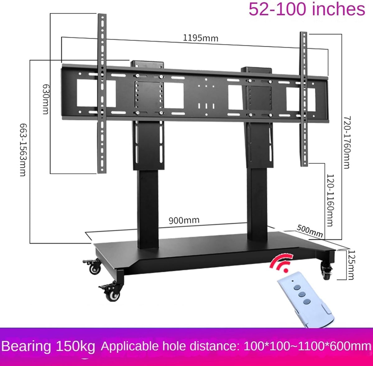 Motorized TV Mount - Mobile TV Cart On Wheels - Mobile TV Stand Cart with Height Adjustable, 4 Step Height Memory Function, Motorized TV Lift Fits 52-100 Inch Screen(A)