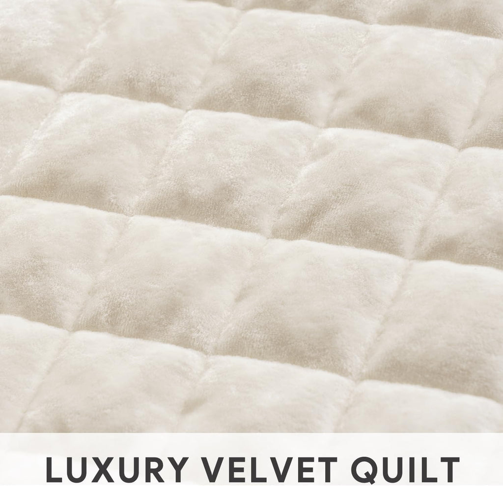 RECYCO Luxury Velvet Quilt Set, California King 118'' x 106'' Oversized Bedspread, Ultra Soft Velvet Comforter, Lightweight Box Stitch Bedding Sets for All Season, with 2 Shams, Cream White
