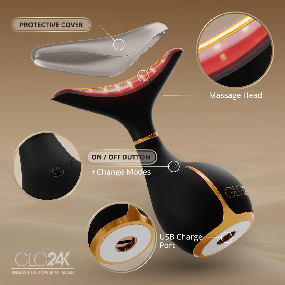 GLO24K LED Facial Massager for Face & Neck – Beauty Wand with LED Light, Vibration & Massage – Cosmetic Skincare Tool for Daily Self-Care