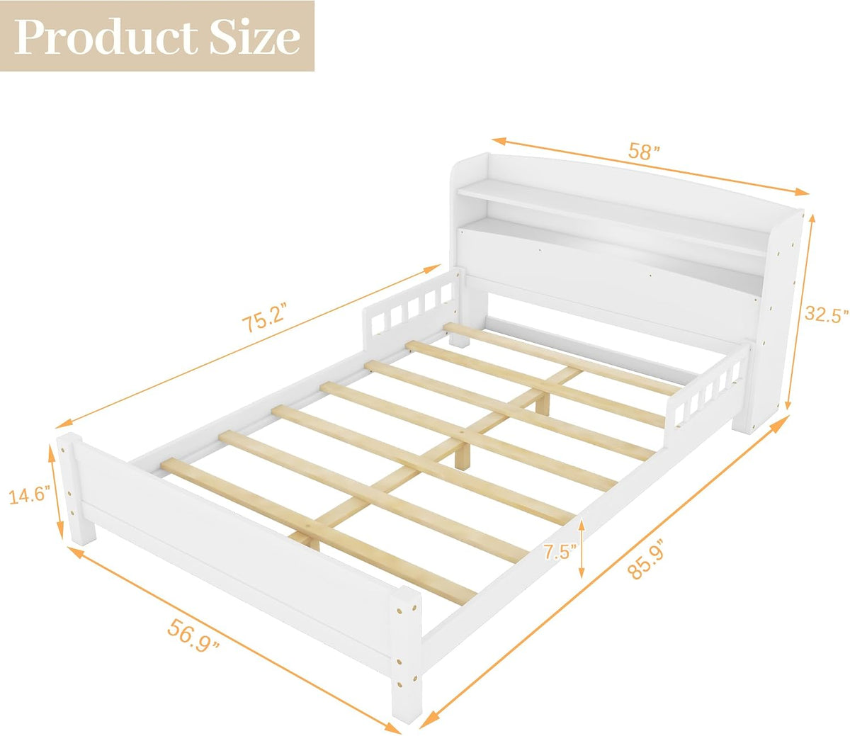 Full Size Kids Bed, Wood Kids Bed with Storage Bookcase & Headboard, Beds Frames with Rails & LED Motion Sensor Light, for Boys and Girls, White