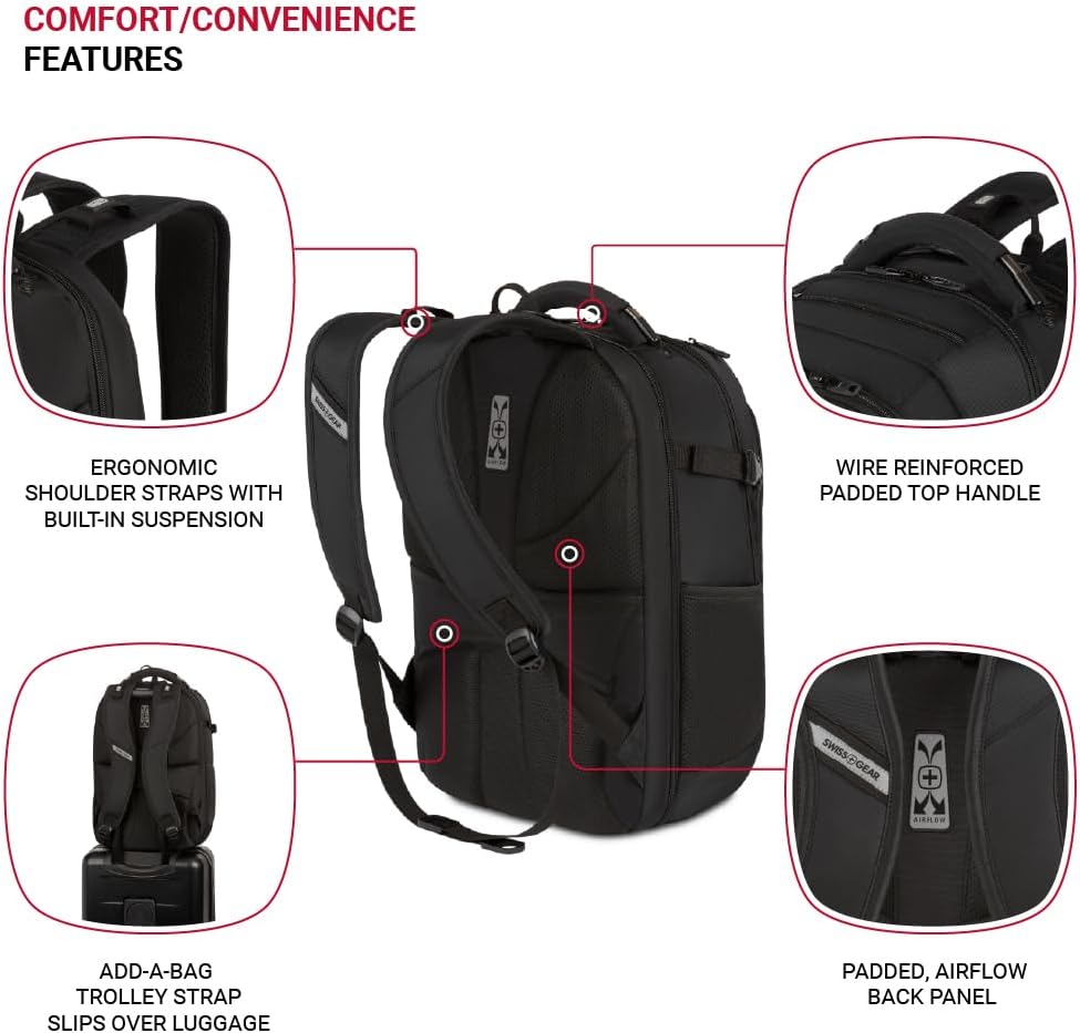 SwissGear Travel Tech Pro Laptop Backpack – Fits Laptops up to 16' – ScanSmart TSA-Friendly Backpack with Multiple Organizer Pockets – Black