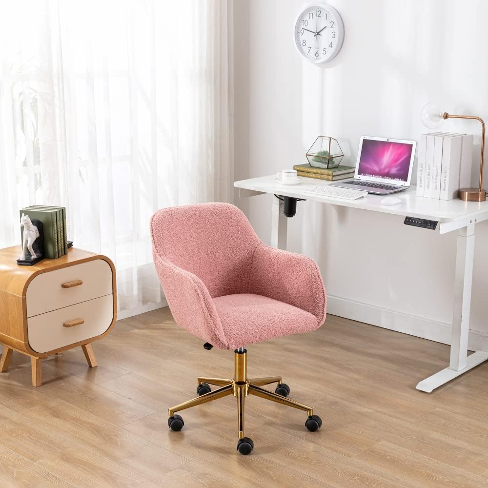 Plush Teddy Fabric Ergonomic Office Chair with Adjustable Height, 360-Degree Swivel Base, and Smooth-Rolling Casters for Home or Workspace (Pink + Teddy + Foam)