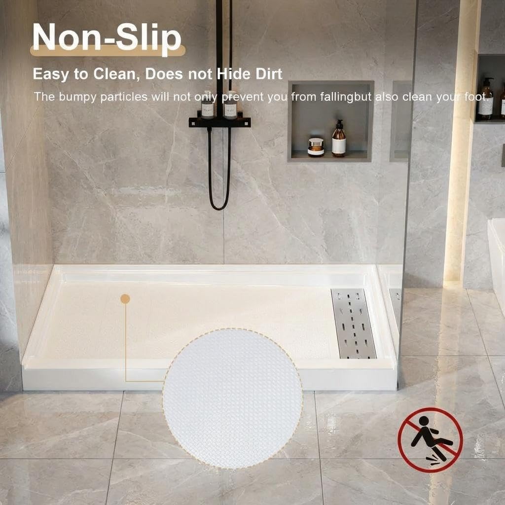 Shower Pan 48' x 32' Non-Slip SMC Shower Base, Right Drain with 304 Stainless Steel Square Drain Cover, Single Threshold Floor Shower Tray Kit for Easy Installation, White