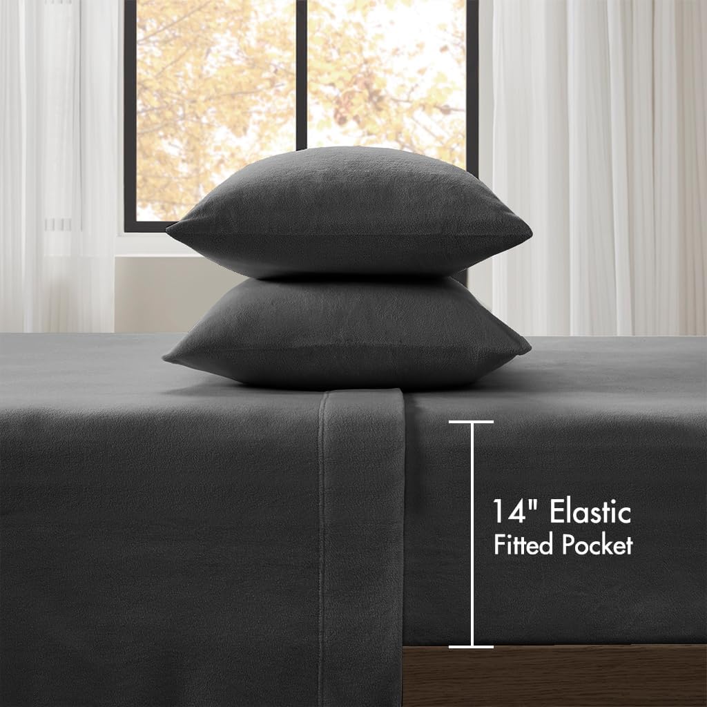 True North by Sleep Philosophy Micro Fleece Bed Sheet Set, Warm, Sheets with 14' Deep Pocket, for Cold Season Cozy Sheet-Set, Matching Pillow Case, Cal King, Black, 4 Piece