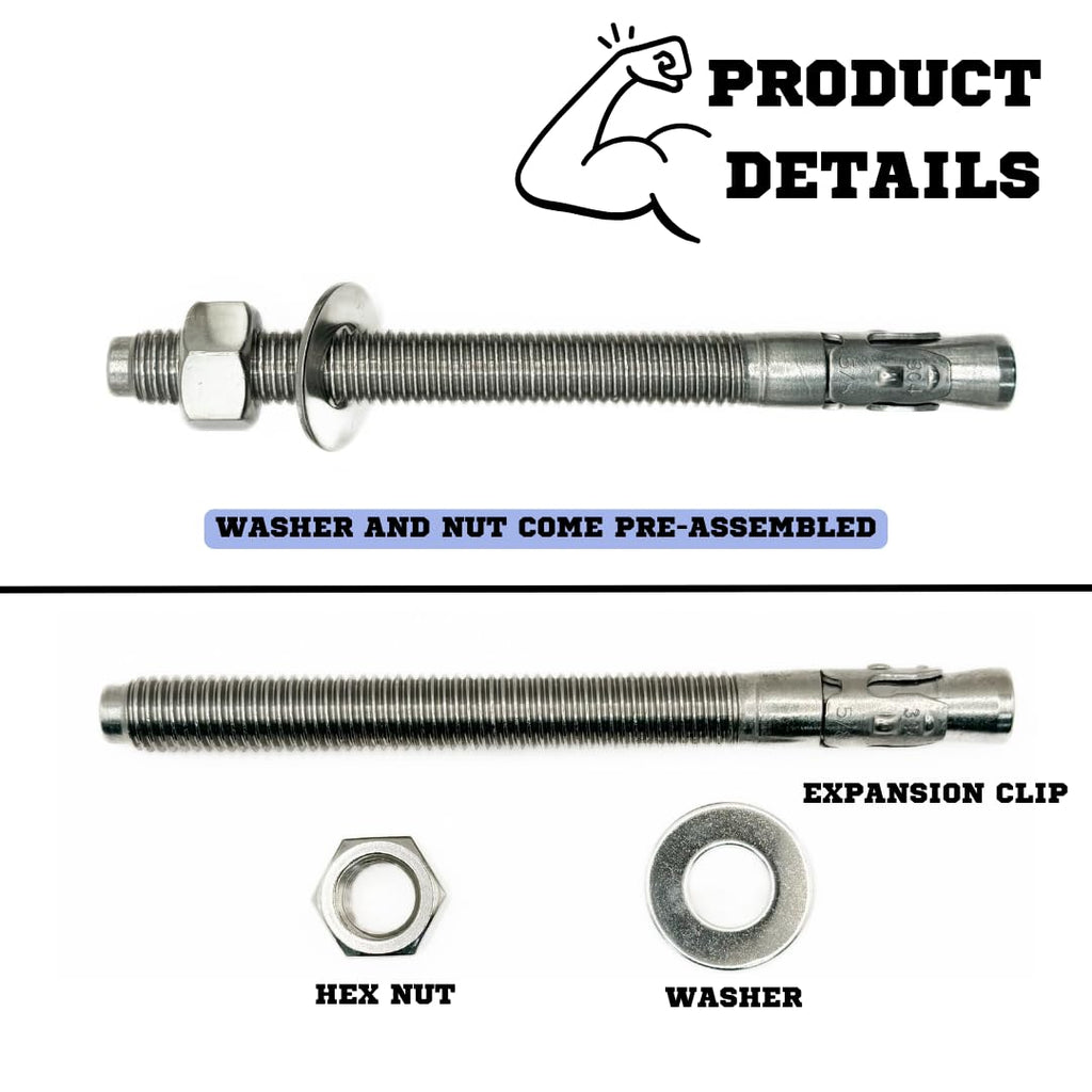 Mighty Fasteners Wedge Anchors – Heavy-Duty 304 Stainless Steel Expansion Bolts for Concrete & Masonry, Rust-Resistant & Durable - 5/8' X 7' - 25 Pack