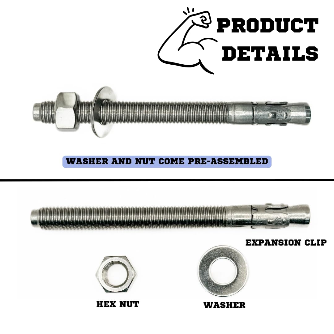 Mighty Fasteners Wedge Anchors – Heavy-Duty 304 Stainless Steel Expansion Bolts for Concrete & Masonry, Rust-Resistant & Durable - 5/8' X 7' - 25 Pack