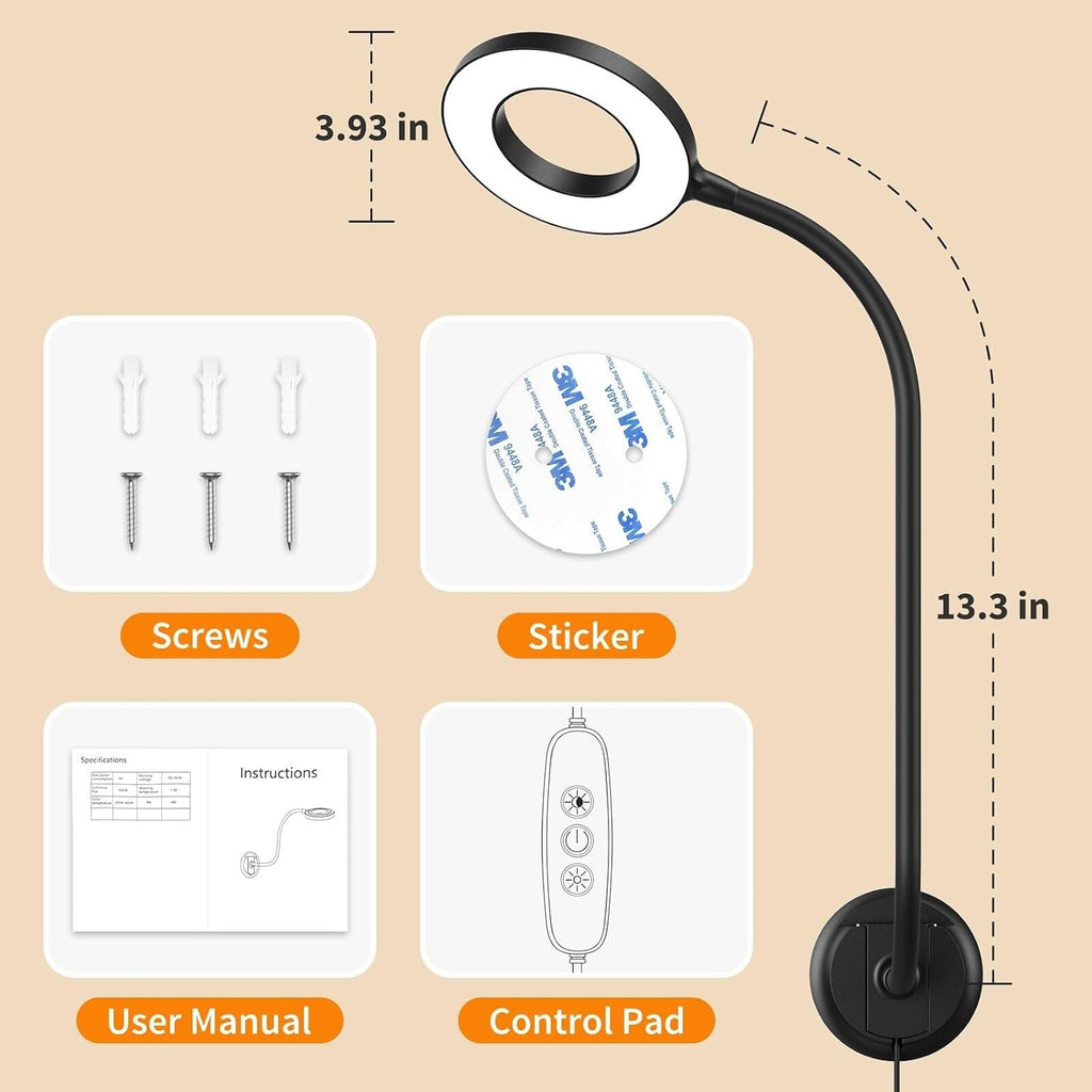Wall Mounted Lamp, Reading Light for Book in Bed at Night, Shadowless LED Lamp for Workbench Bedroom Bedside Headboard, Eye Care 5 Color & Brightness Adjustable, 360 Flexible Gooseneck, Black