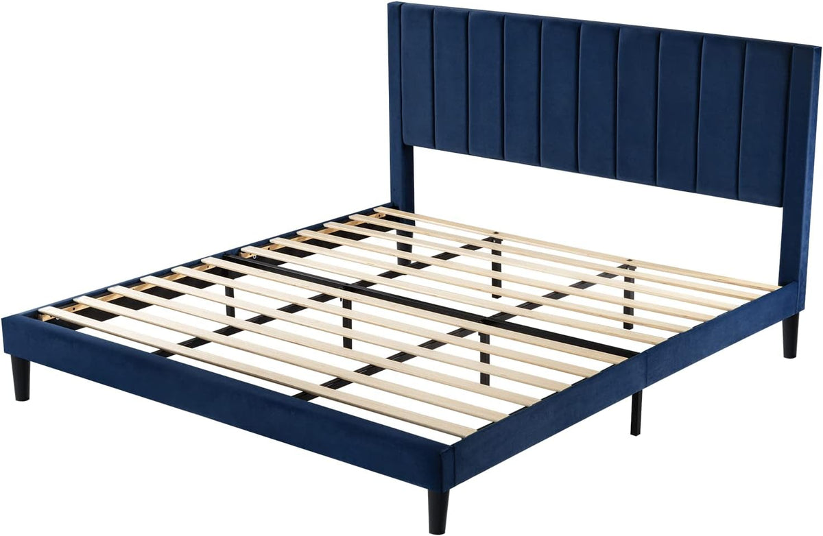 Allewie King Platform Bed Frame/Velvet Upholstered Bed Frame with Vertical Channel Tufted Headboard/Strong Wooden Slats/Mattress Foundation/Box Spring Optional/Easy Assembly/Navy Blue