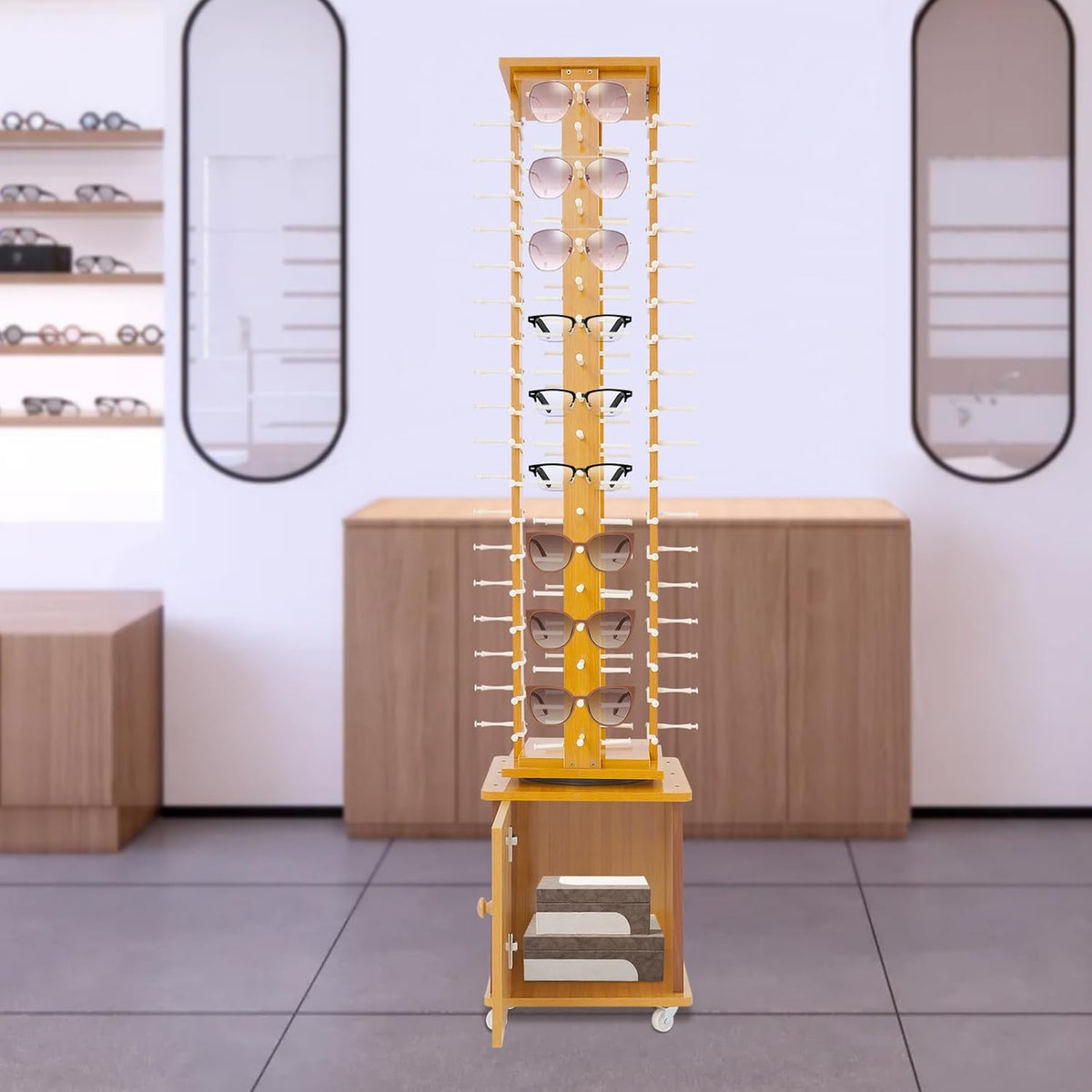 72-Pair Eyeglass Display Rack, Floor-Standing Rotating Glasses Storage Display Stand with Wood Frame, Storage Cabinet & Swivel Wheels for Retail Eyewear Organization