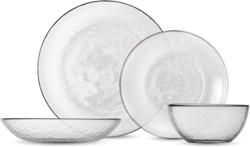 FORTESSA Los Cabos Tableware, 16-Piece Glass Dinnerware Set with 4 Dinner Plates, 4 Salad Plates, 4 Coupe Bowls and 4 Cereal Bowls, Dishwasher-Safe Glass Plate Set, Clear