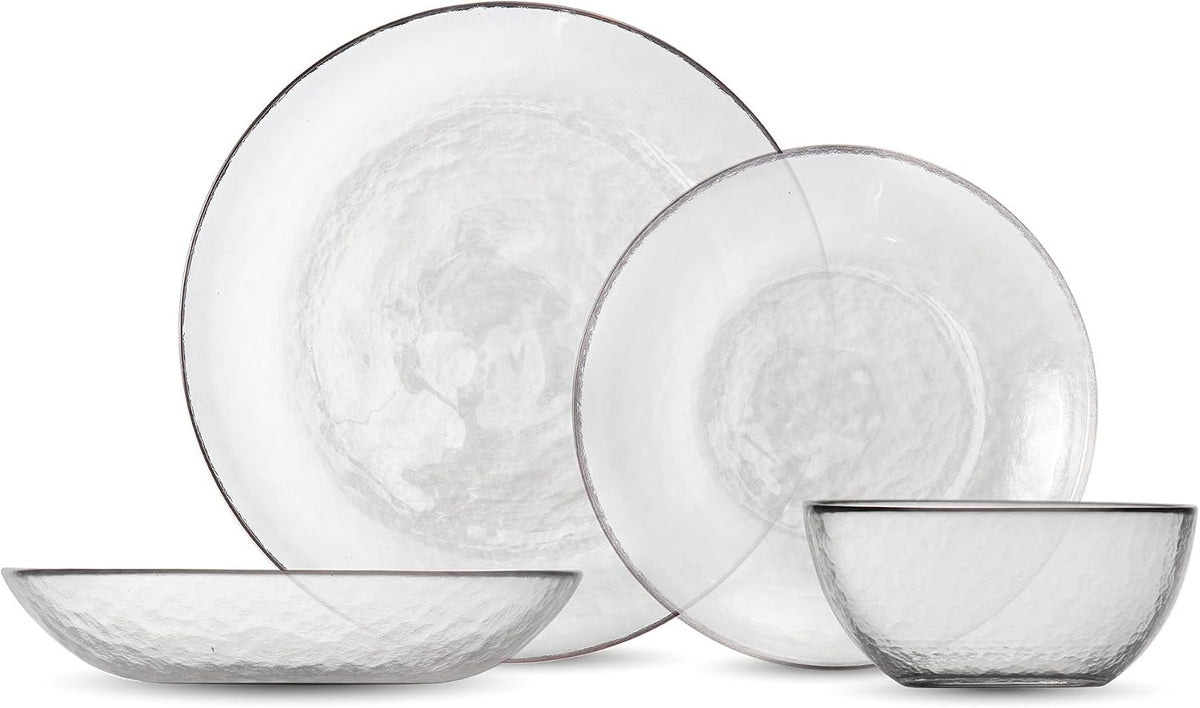 FORTESSA Los Cabos Tableware, 16-Piece Glass Dinnerware Set with 4 Dinner Plates, 4 Salad Plates, 4 Coupe Bowls and 4 Cereal Bowls, Dishwasher-Safe Glass Plate Set, Clear