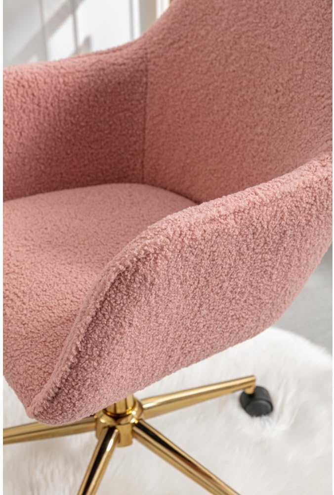 Plush Teddy Fabric Ergonomic Office Chair with Adjustable Height, 360-Degree Swivel Base, and Smooth-Rolling Casters for Home or Workspace (Pink + Teddy + Foam)