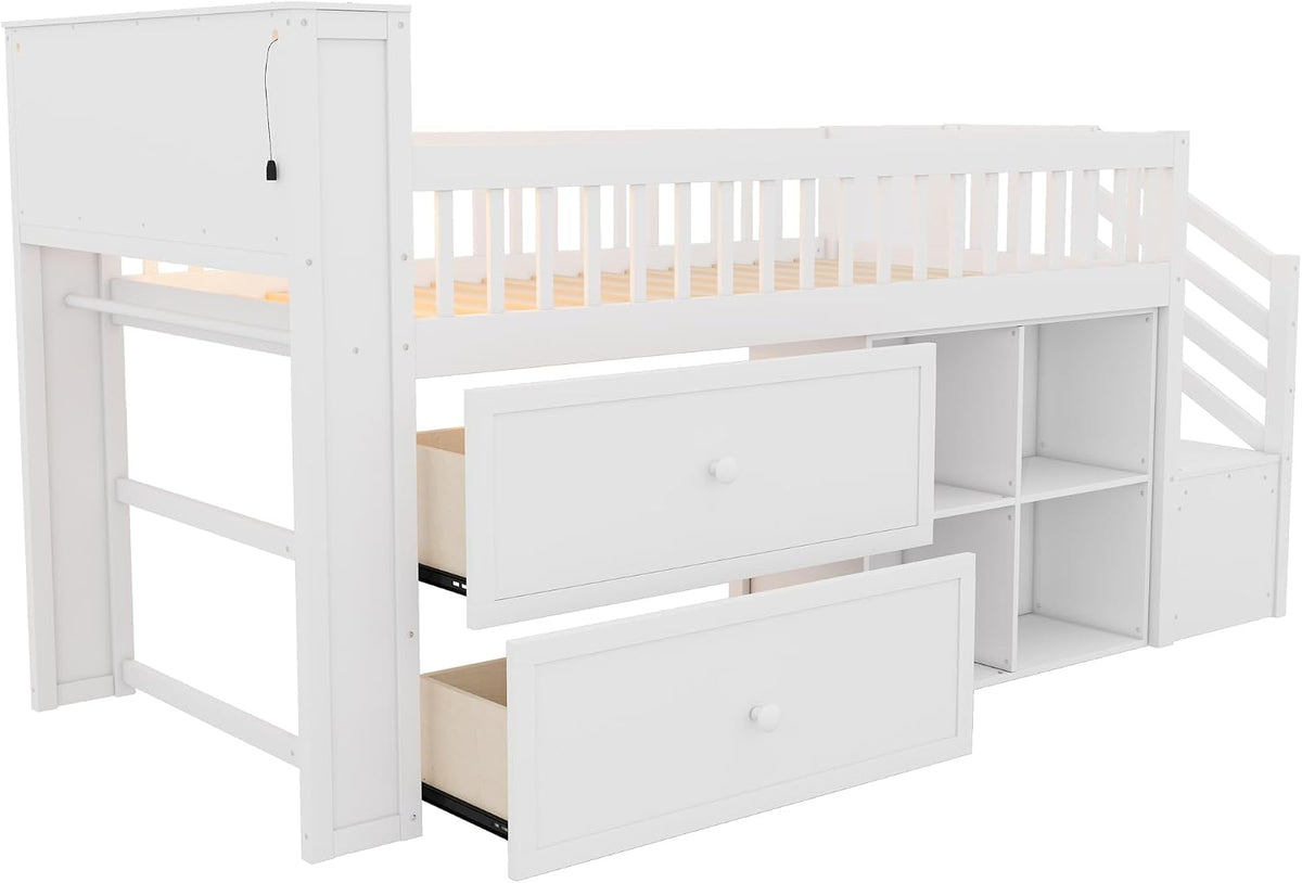 Low Loft Bed with LED Lights and Bookshelf, Wooden Kids Loft Bed with Stairs and Safety Guardrail, Low Loft Bed Twin with 2 Storage Drawers and Shelves for Girls Boys ,No Box Spring Needed, White