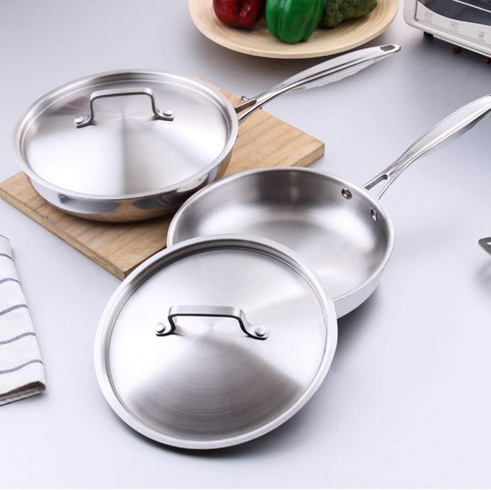 Non-Ctick Wok Saucepan Uncoated 304/403 Stainless Steel Aluminum Three Layer Flat Frying Pan 24cm with Pot Cover Kitchen Cooking Tool(