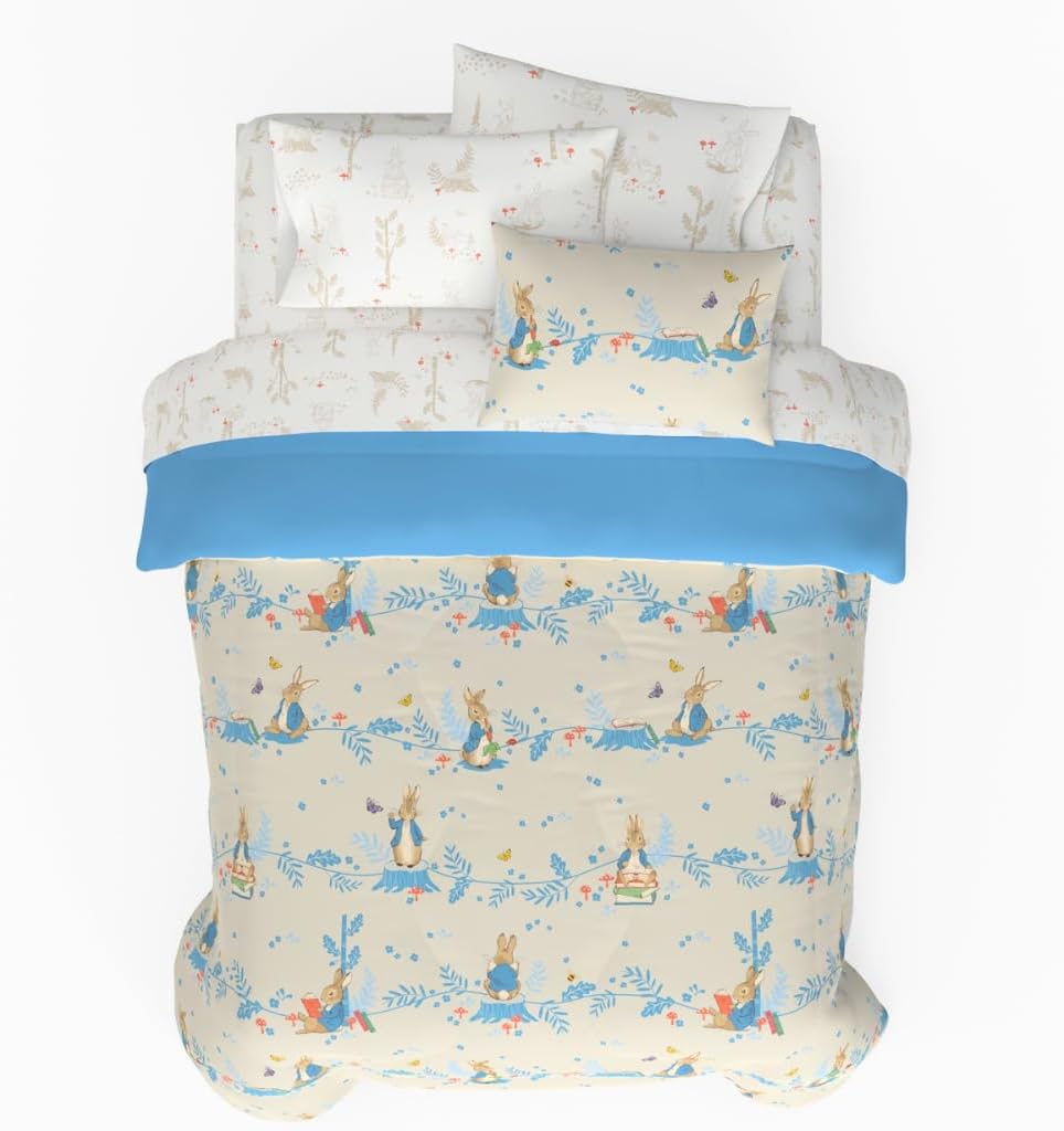 Peter Rabbit Kids Bedding Super Soft & Cozy Reversible Microfiber Comforter and Sheet Set with Sham, 7 Piece Queen Size, (Officially Licensed Product) by Franco