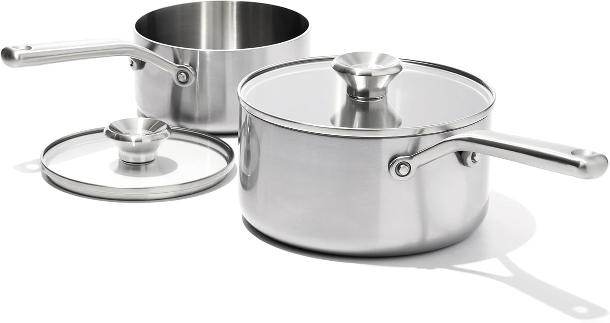 OXO Mira Tri-Ply Stainless Steel, 1.5QT and 3QT Saucepan Pot Set with Lids, Induction, Multi Clad, Dishwasher and Metal Utensil Safe