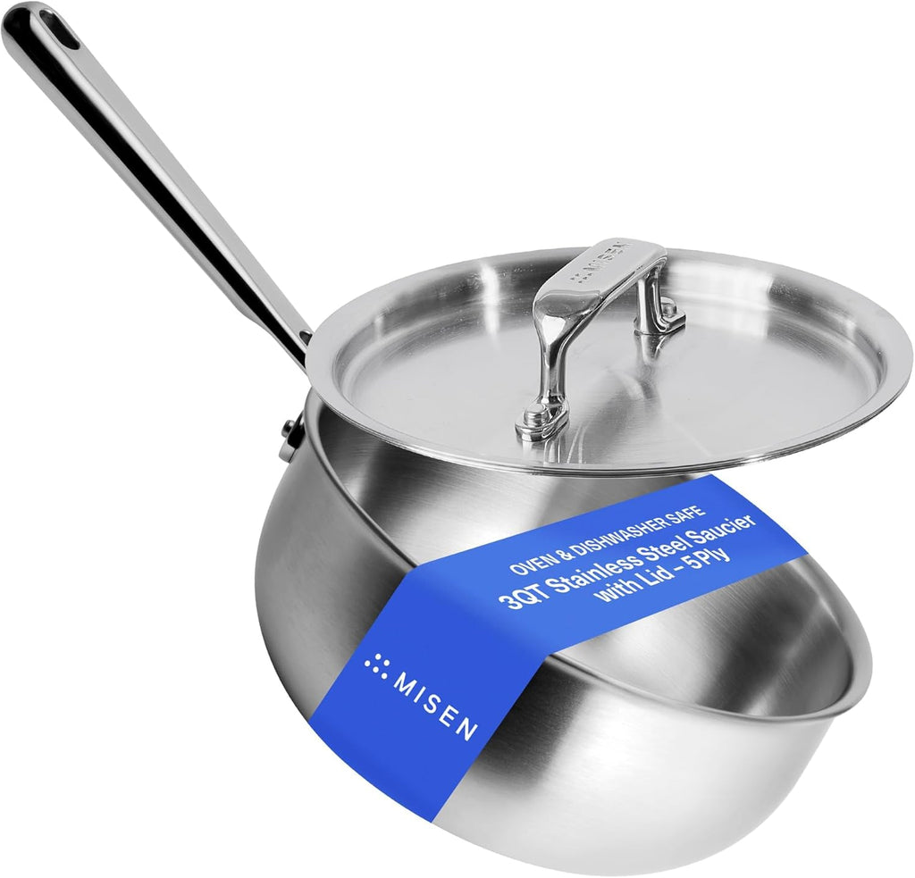 Misen 5-Ply Stainless Steel Saucier with Lid– Induction-Compatible Pan with Curved Sides for Smooth Stirring - Oven Safe to 800F – Even Heat Distribution & Ergonomic Handle - 3 QT