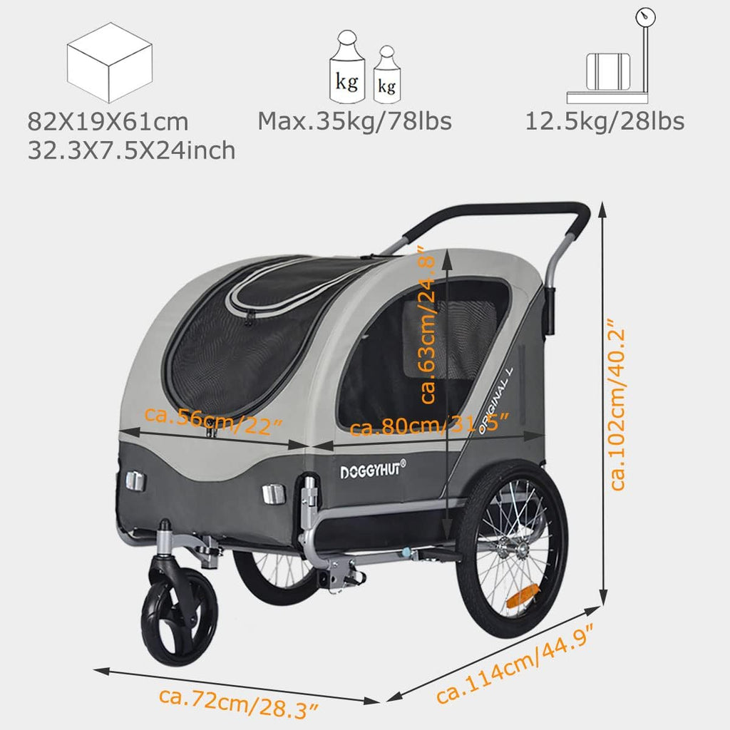 Doggyhut Original Large Pet Bike Trailer & Stroller 2-in-1,for Dogs up to 78 lbs,Parking Brakes,Easy Folding Cart Frame, Quick Release Wheel, Universal Bicycle Coupler (Gray)