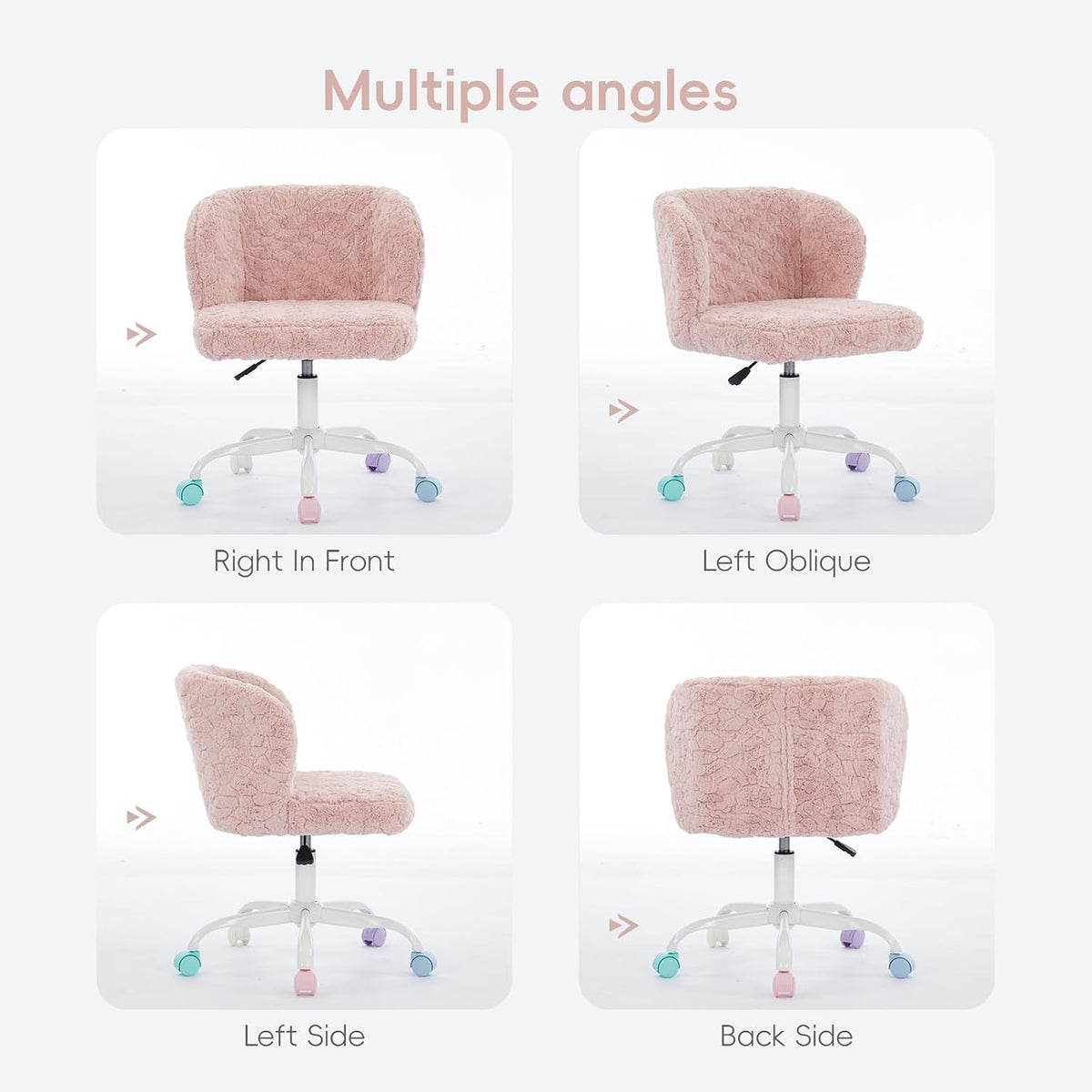 Faux Fur Vanity Desk Chair with White Metal Base – Adjustable Swivel Rolling Office Chair with Wheels, Comfy Makeup Chair for Bedroom, Study, Girls' Room, Home Office & Task Use, Baby Pink