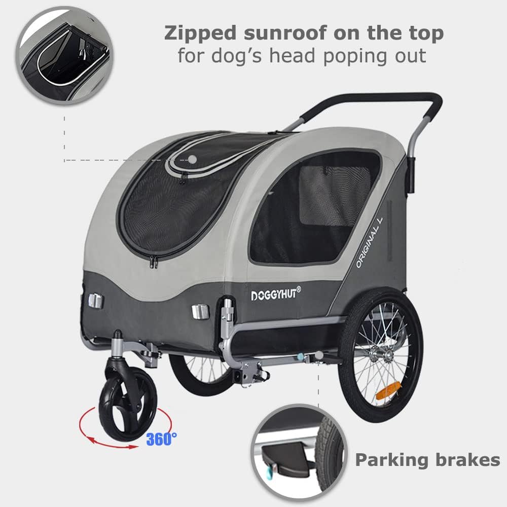 Doggyhut Original Large Pet Bike Trailer & Stroller 2-in-1,for Dogs up to 78 lbs,Parking Brakes,Easy Folding Cart Frame, Quick Release Wheel, Universal Bicycle Coupler (Gray)