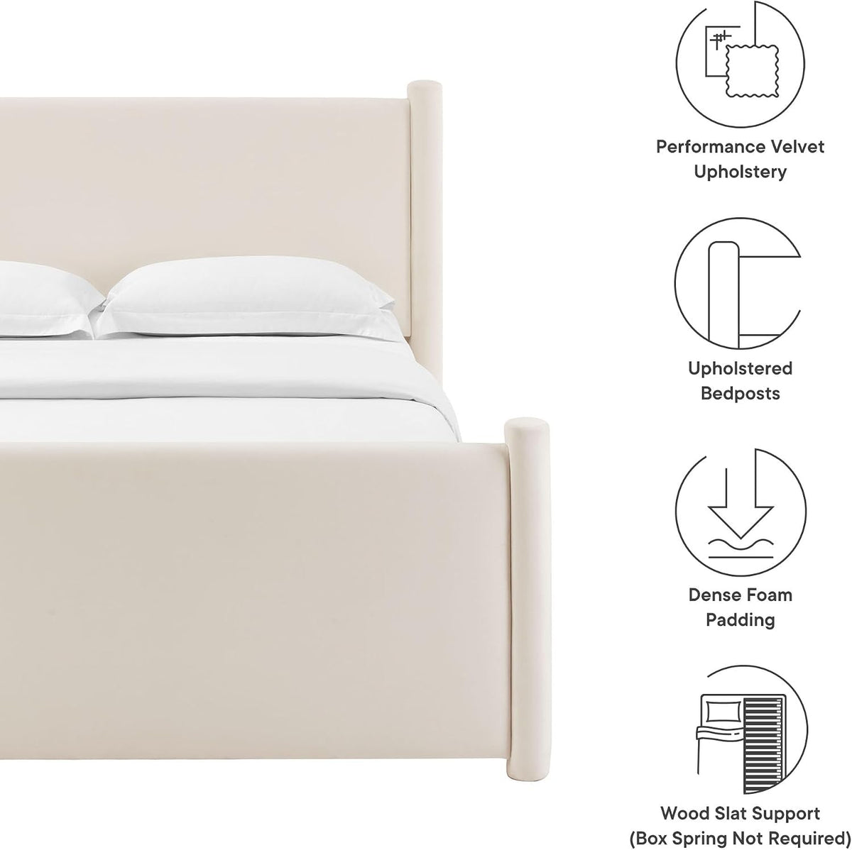 Modway Rael King Platform Bed Frame with Upholstered Headboard and Footboard in Alabaster – Stain-Resistant Performance Velvet King Size Bed with Rounded Posts