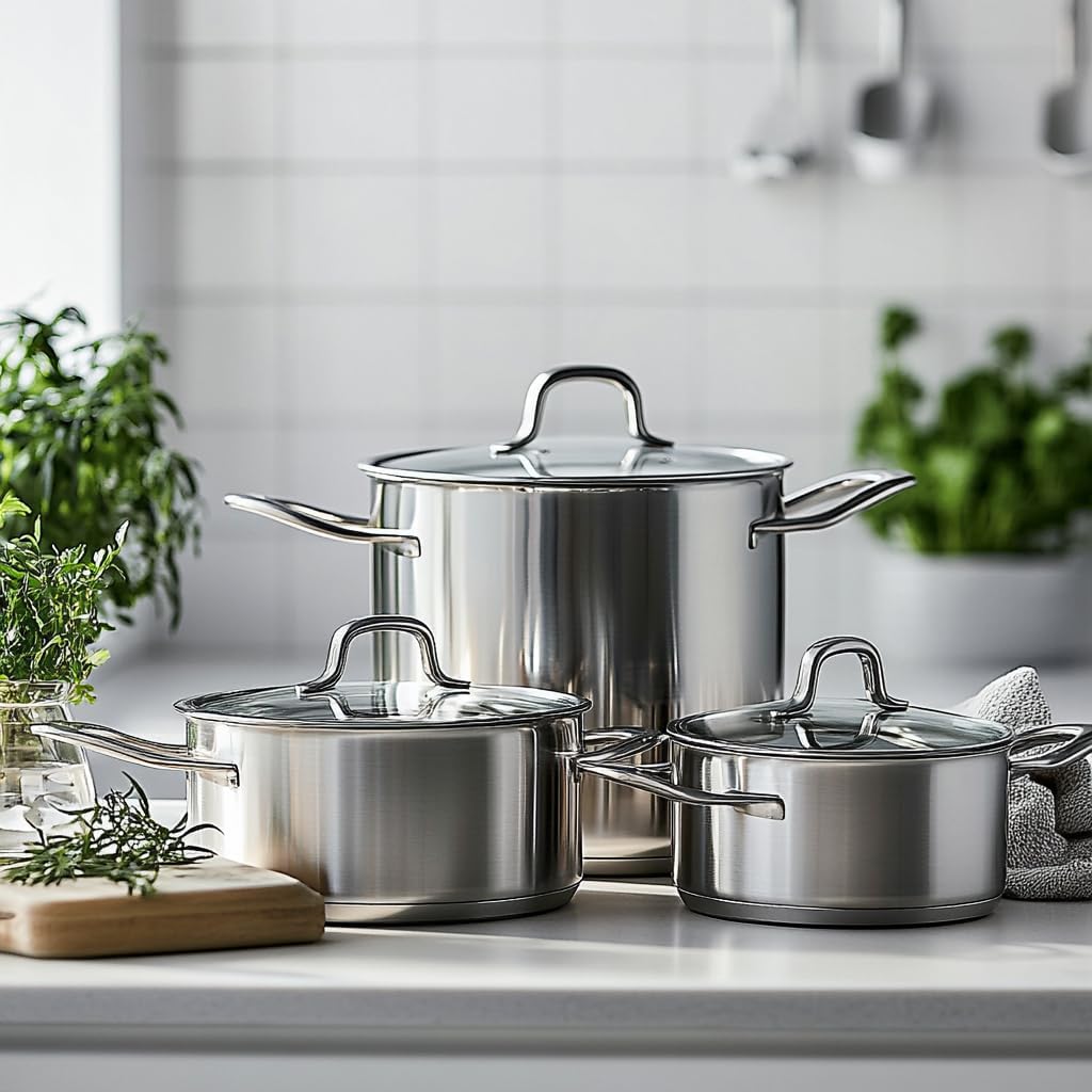 Stainless Steel Cookware Set With 3 Qt. Saucier, 3 Qt. Saute, And 9.5' Frying Pan, Stainless Pots And Pans For Kitchen Clad (5 Piece)